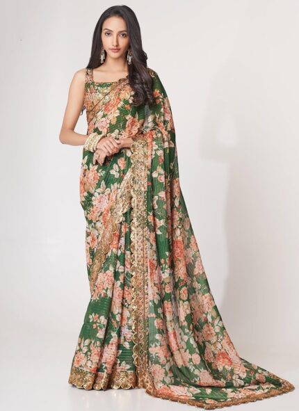 Green Organza Printed N Sequins Work Saree Party Wear