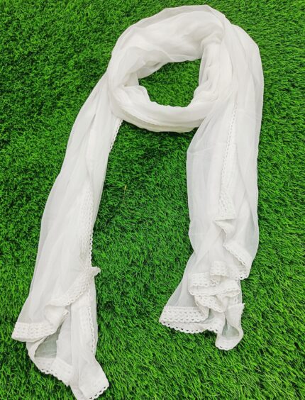 Plain White Chiffon Dupatta With Crochet lace Border