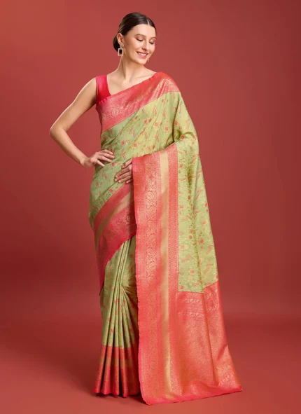 Kanchipuram Silk Green Zari Woven Border Saree For Traditional Indian Women Festive Wear