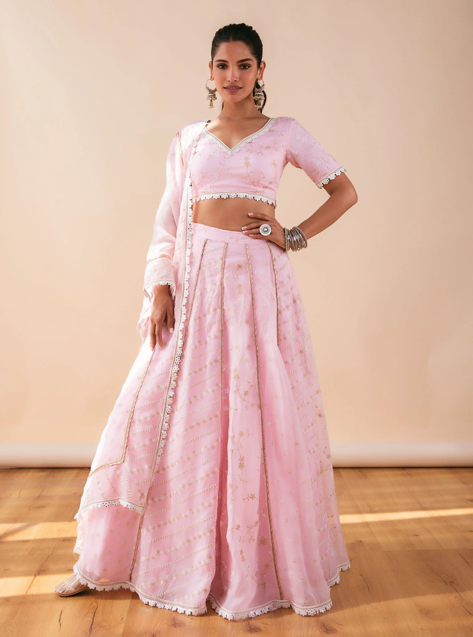 Mulmul Keylong Pink Organza Lehenga - Image 4