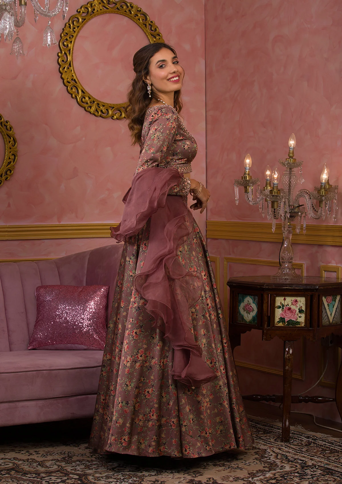 Lavender Printed Semi Crepe Readymade Lehenga - Image 2