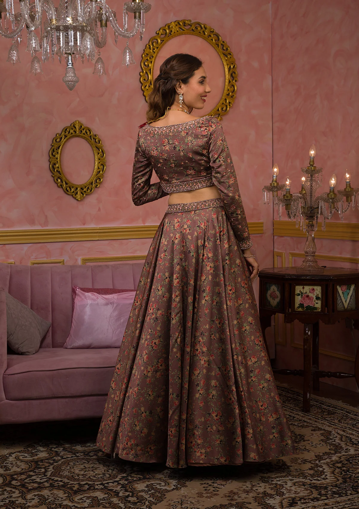 Lavender Printed Semi Crepe Readymade Lehenga - Image 3