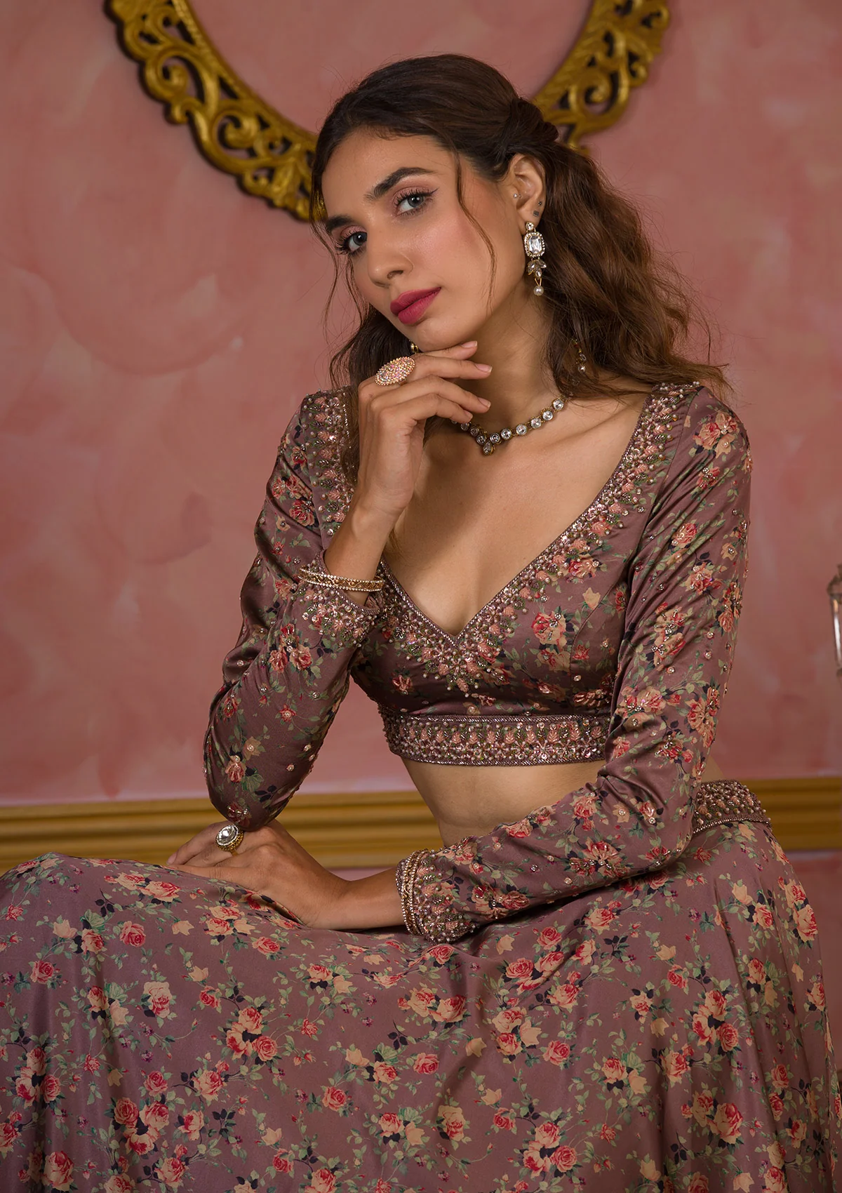 Lavender Printed Semi Crepe Readymade Lehenga - Image 5