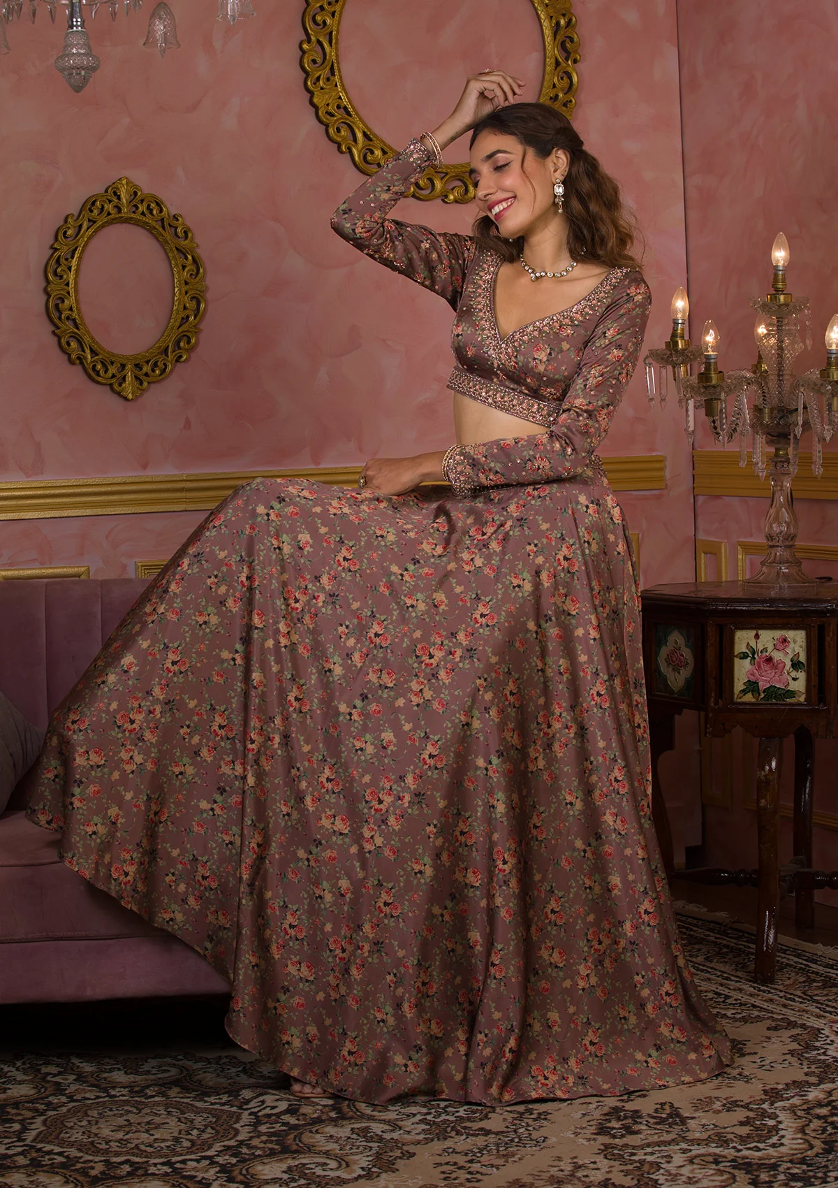 Lavender Printed Semi Crepe Readymade Lehenga - Image 6