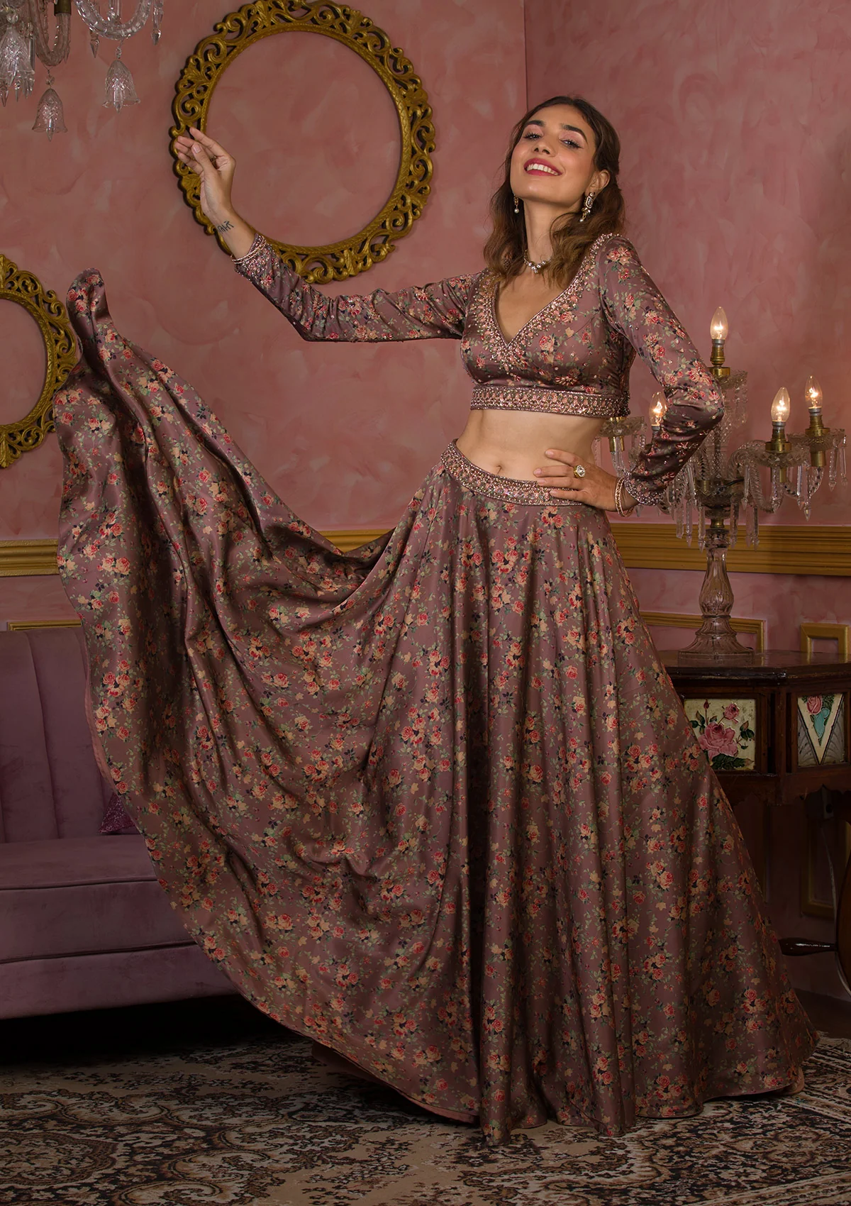 Lavender Printed Semi Crepe Readymade Lehenga - Image 7