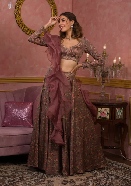 Lavender Printed Semi Crepe Readymade Lehenga