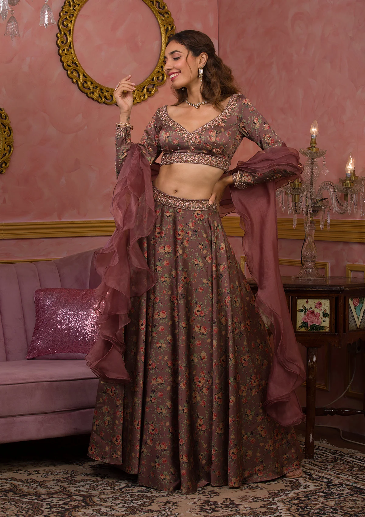 Lavender Printed Semi Crepe Readymade Lehenga - Image 4