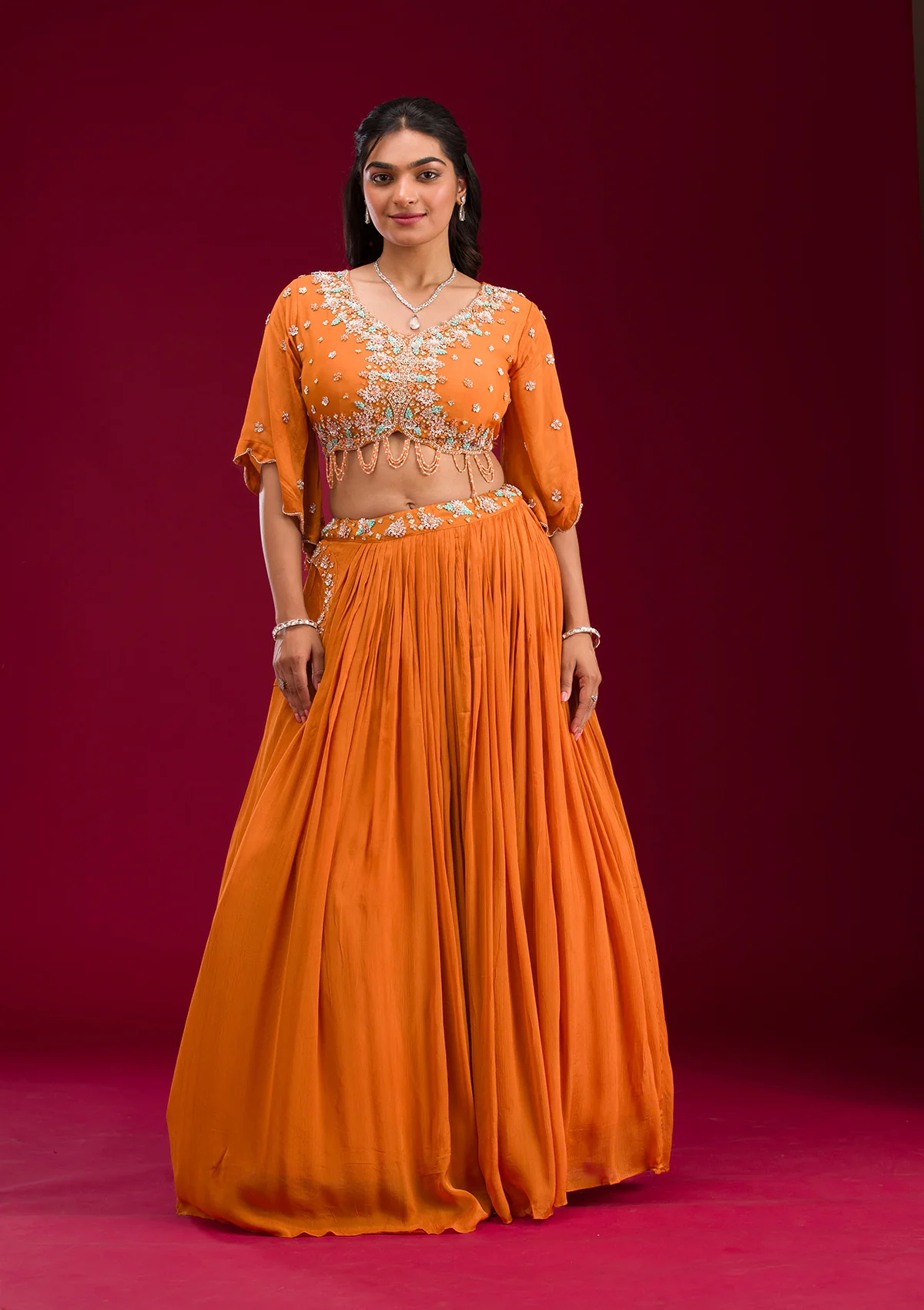 Orange Cutdana Georgette Readymade Lehenga