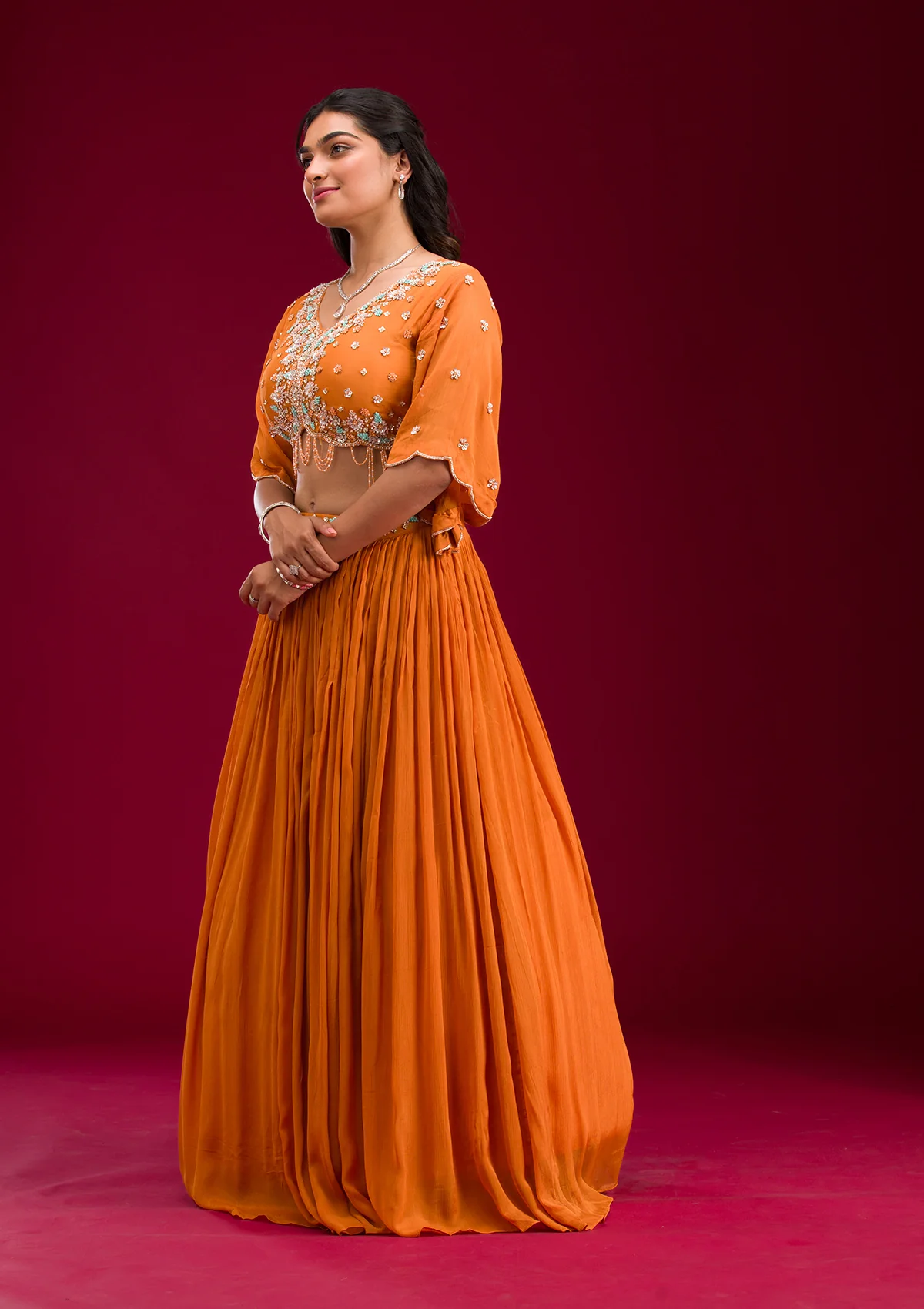 Orange Cutdana Georgette Readymade Lehenga - Image 3