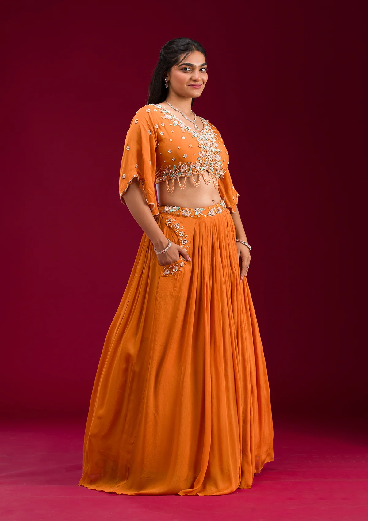 Orange Cutdana Georgette Readymade Lehenga - Image 4