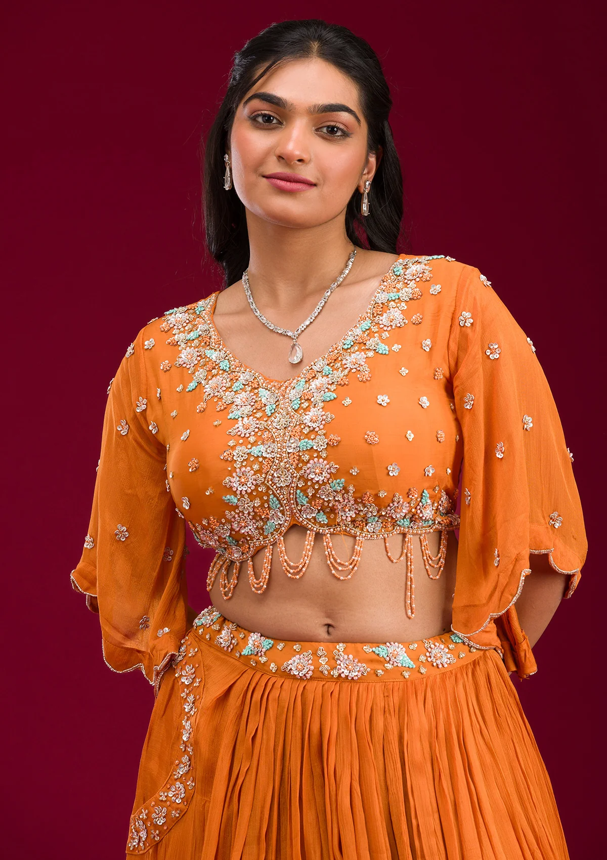 Orange Cutdana Georgette Readymade Lehenga - Image 5
