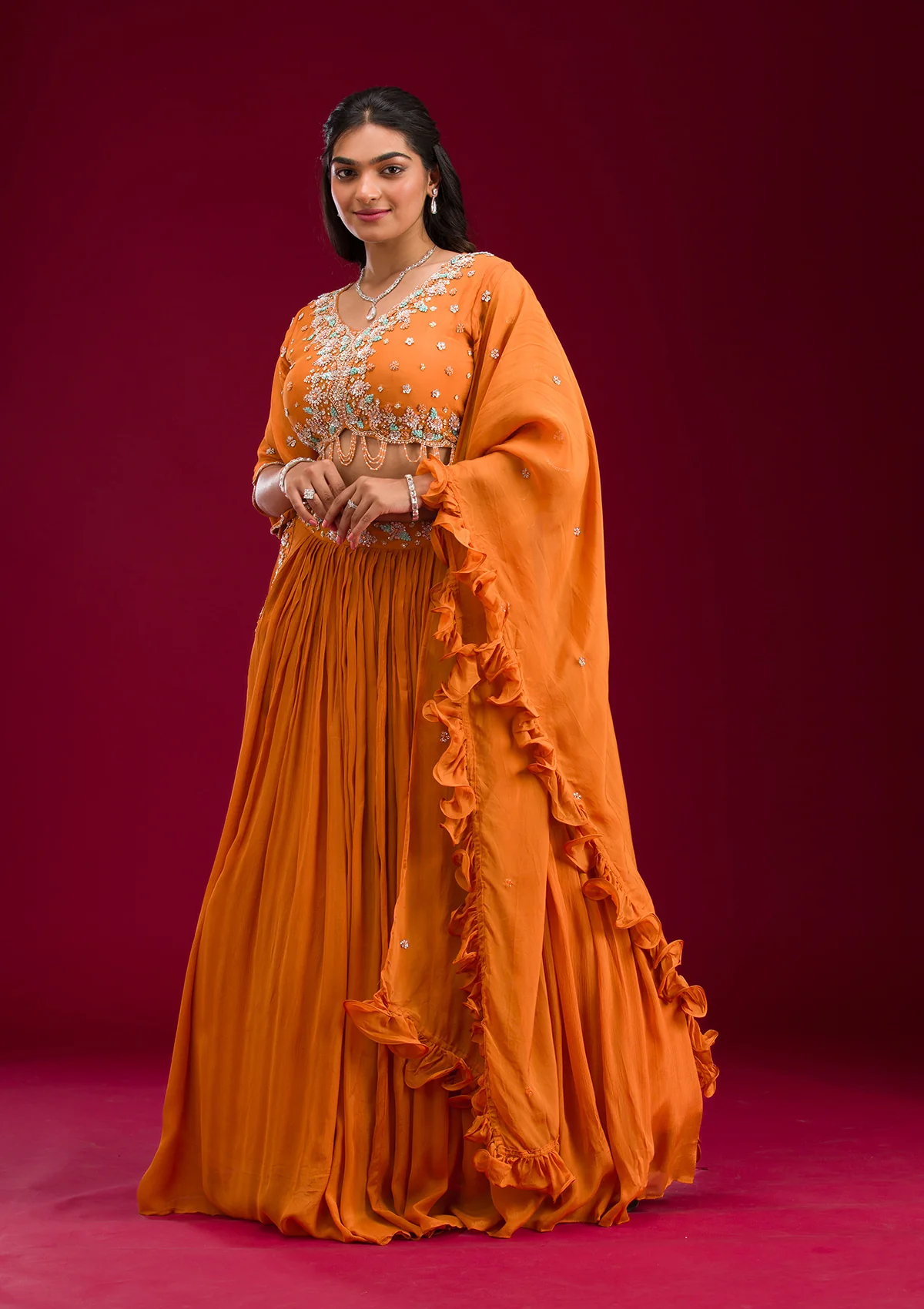 Orange Cutdana Georgette Readymade Lehenga - Image 7