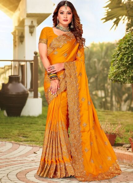 Mustard Satin Blend Embroidered Saree Party Wear