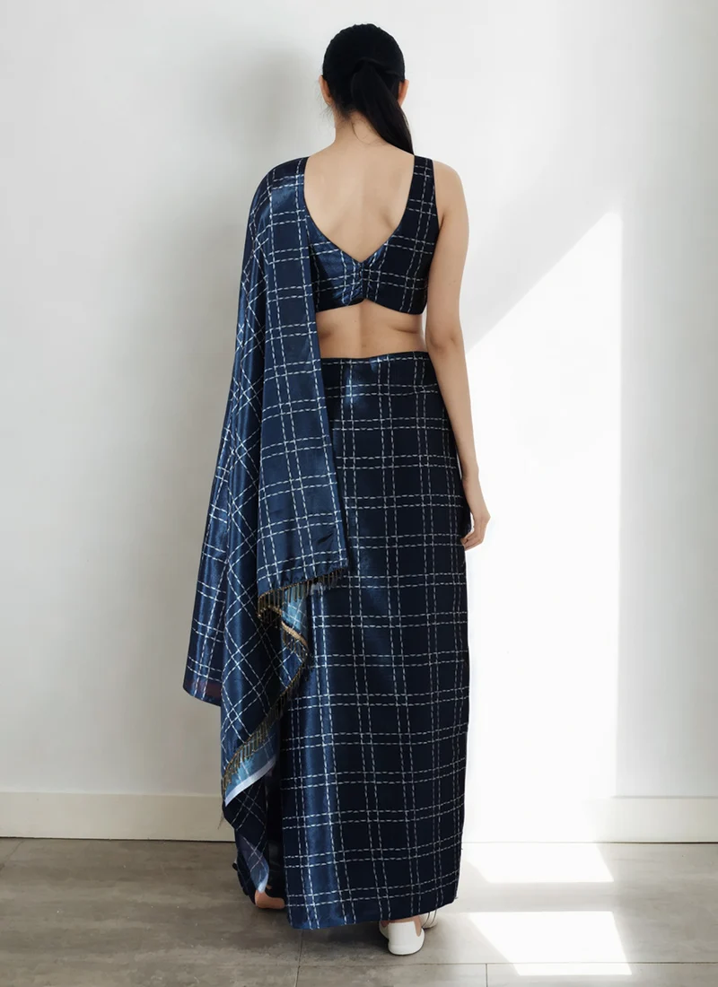 Navy Blue Chinon Digital Print Pre Draped Saree After Six Wear - Image 2