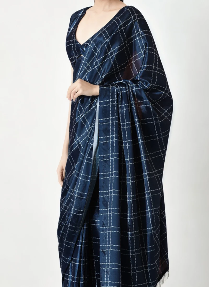 Navy Blue Chinon Digital Print Pre Draped Saree After Six Wear - Image 3