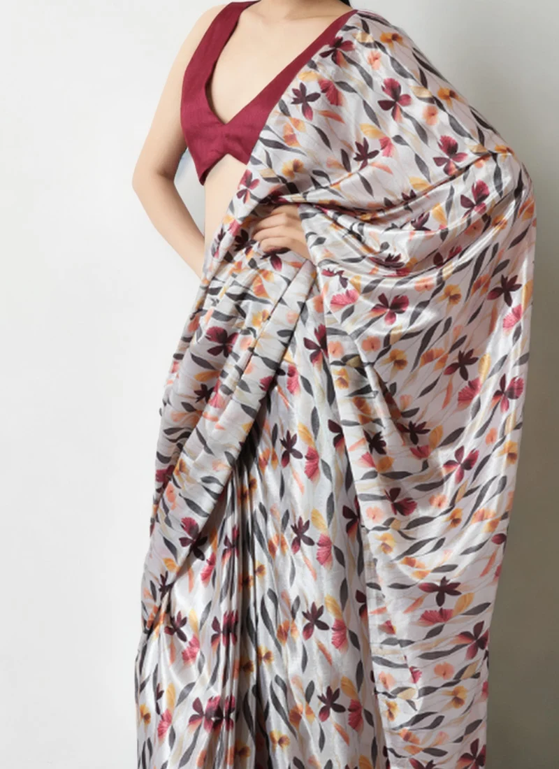 Off White Chinon Digital Print Pre Draped Saree After Six Wear - Image 3