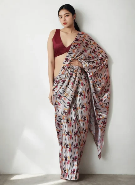 Off White Chinon Digital Print Pre Draped Saree After Six Wear