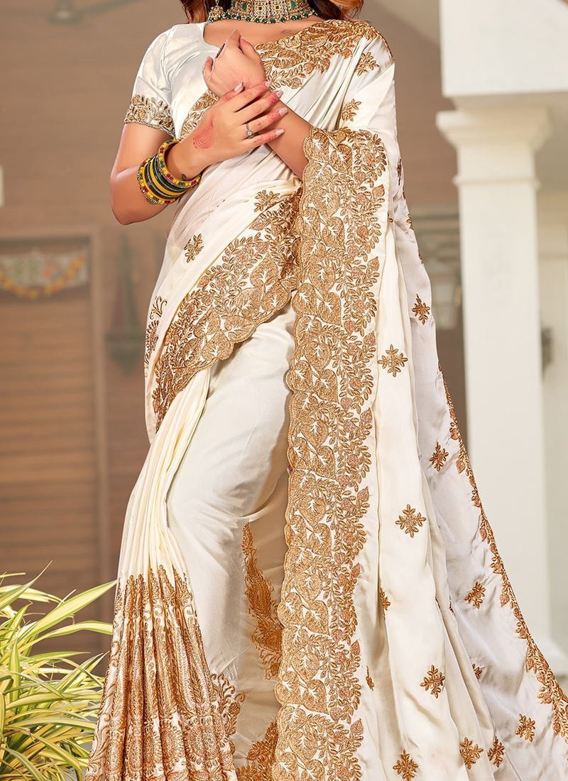 Off White Satin Blend Embroidered Saree Party Wear - Image 3