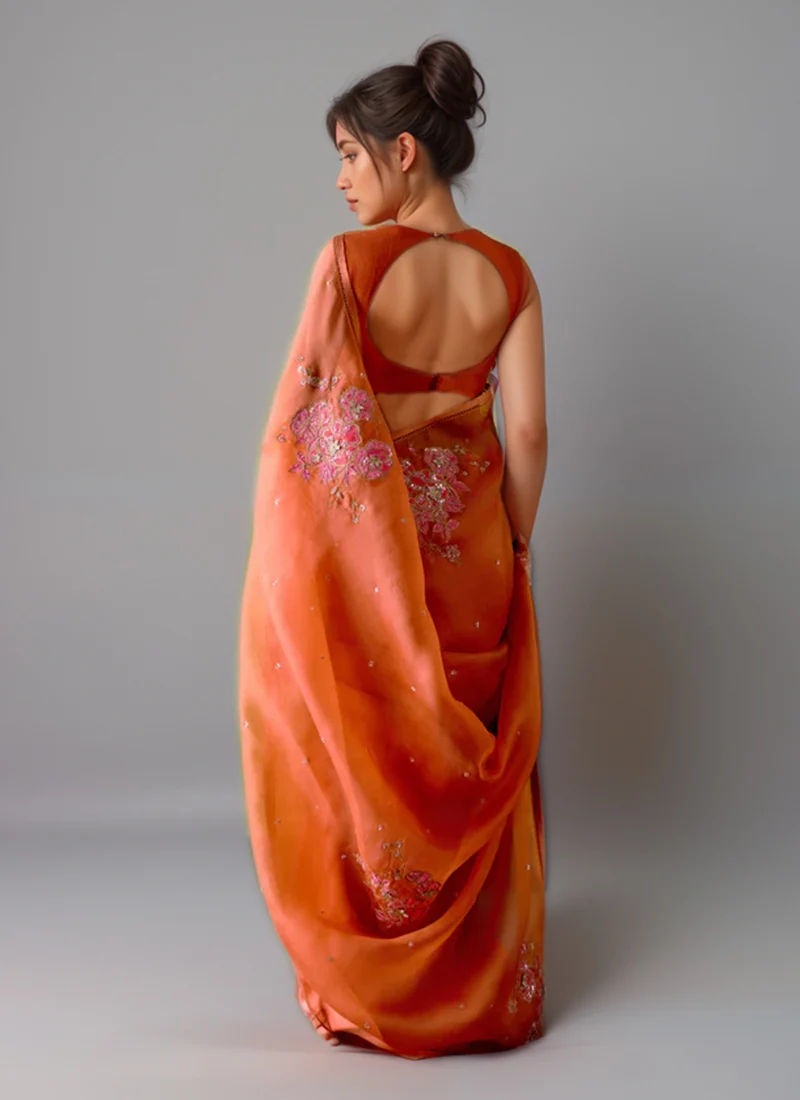 Orange Organza Silk Zari Sequins Hand Embroidered Saree Festive Wear - Image 2