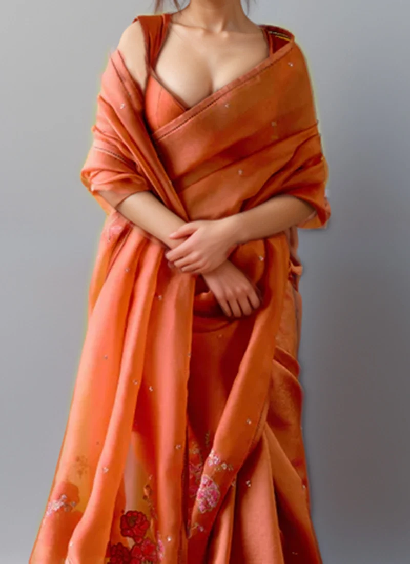 Orange Organza Silk Zari Sequins Hand Embroidered Saree Festive Wear - Image 3