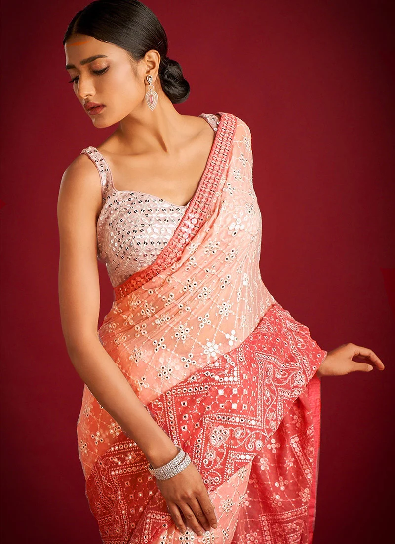 Orange Organza Silk Zari Sequins Hand Embroidered Saree Festive Wear - Image 2