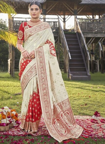 Ivory Opulence Off White Benarasi Silk Jacquard Zari Saree Festive Wear