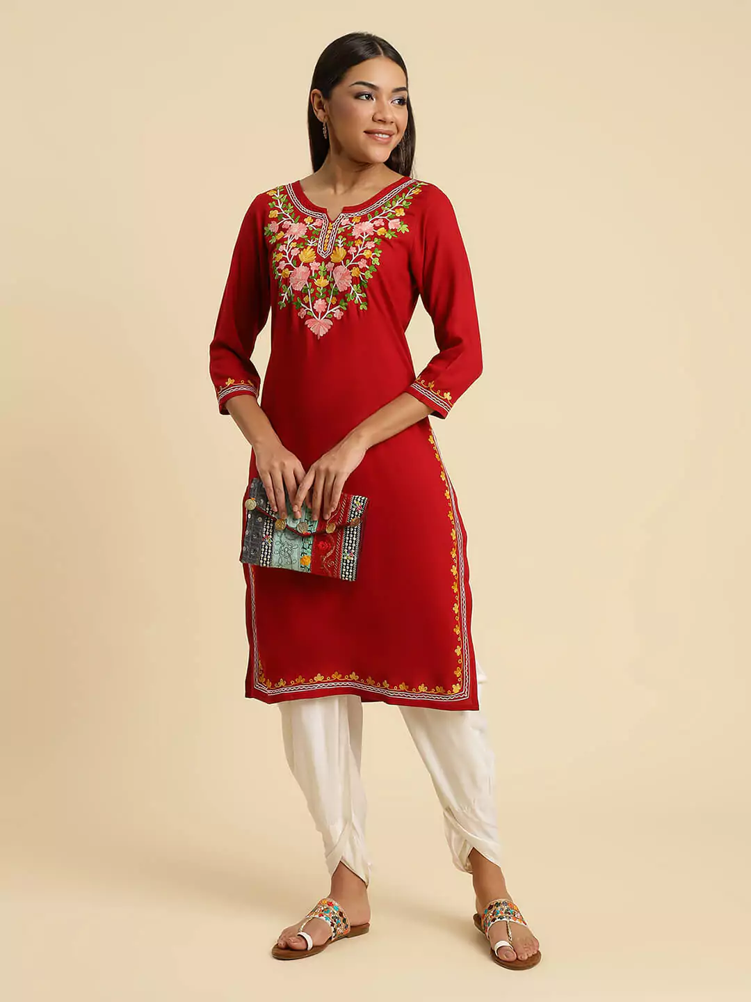 Red Kashmiri Multi Colored Embroidered Kurti - Image 3