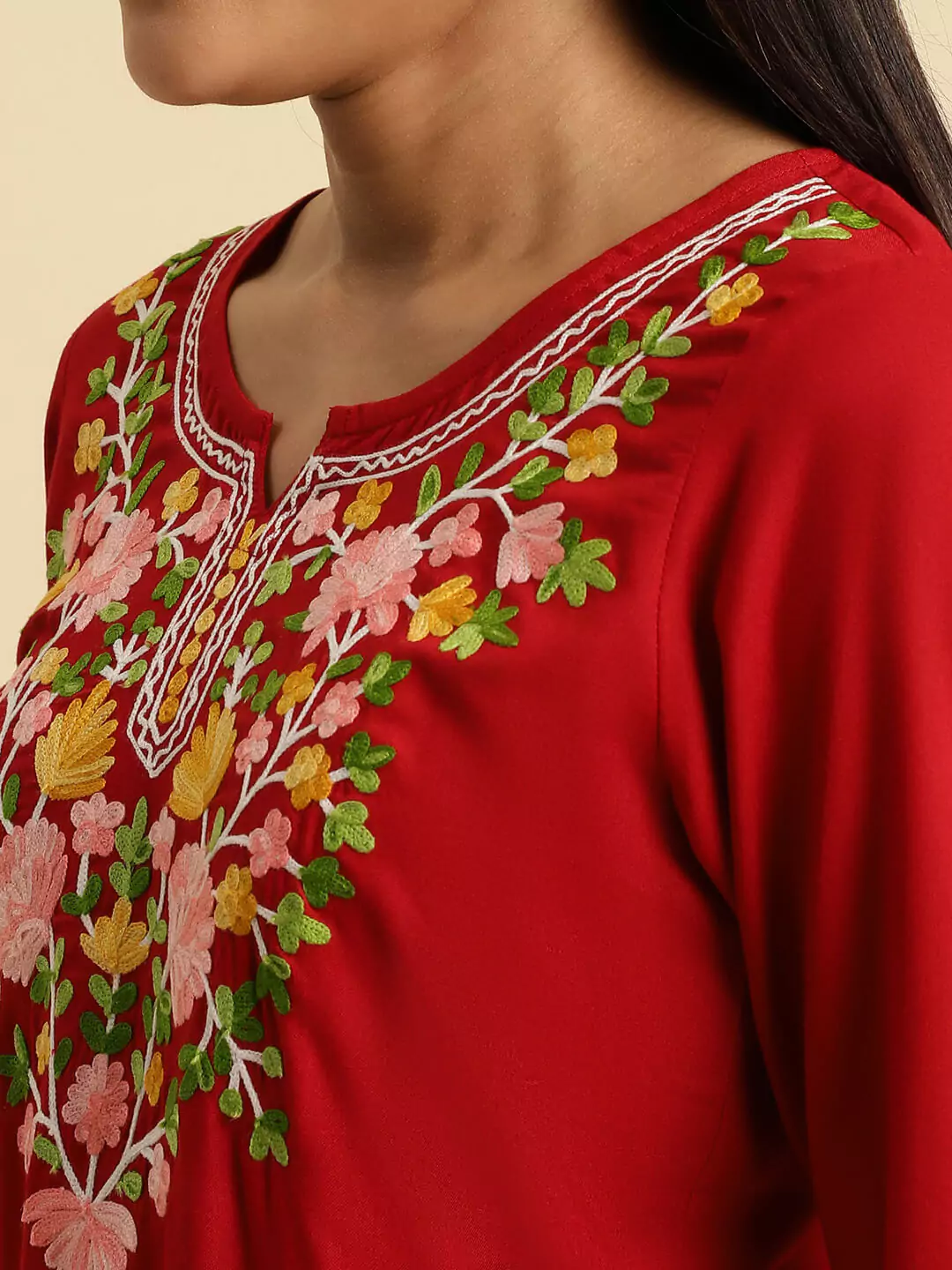 Red Kashmiri Multi Colored Embroidered Kurti - Image 4