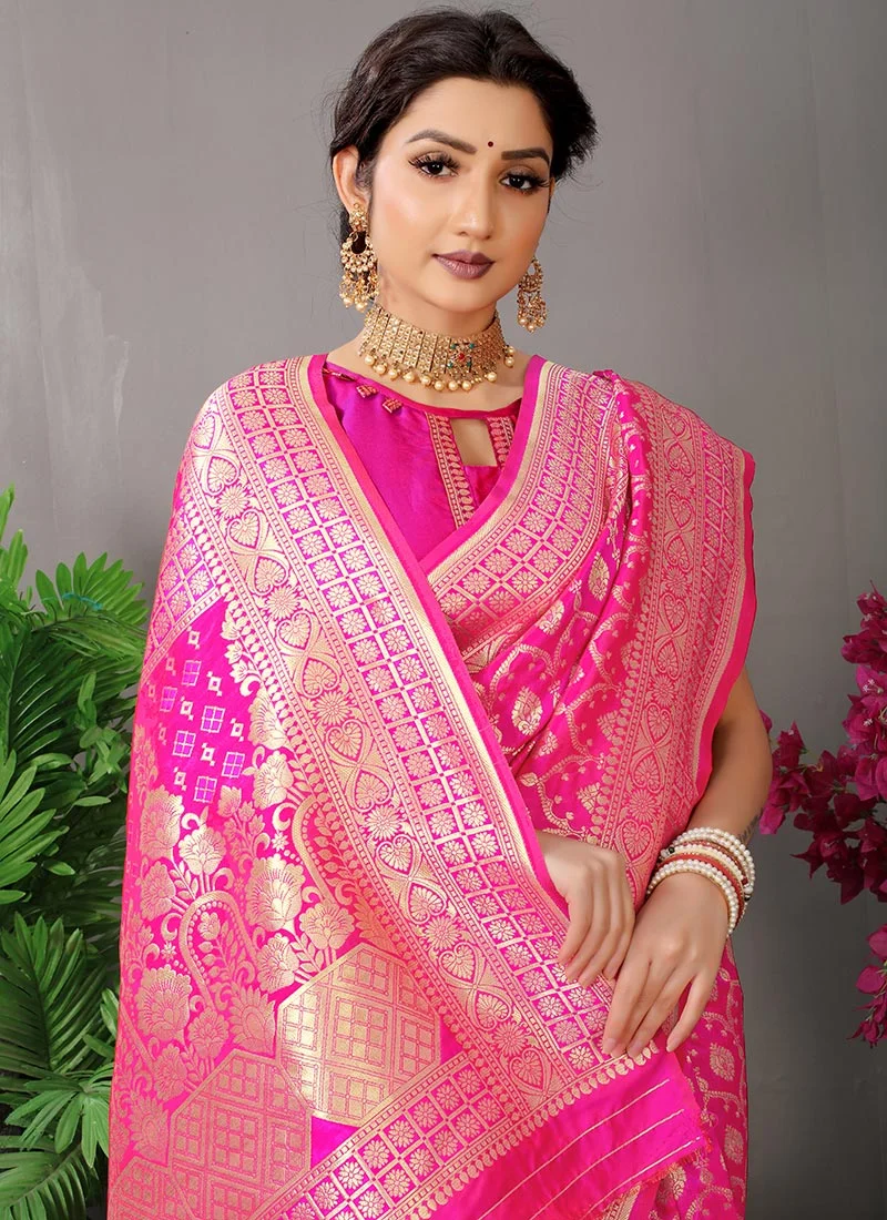 Soft Silk Dark Pink Color Zari Work Saree Festive Wear - Image 2