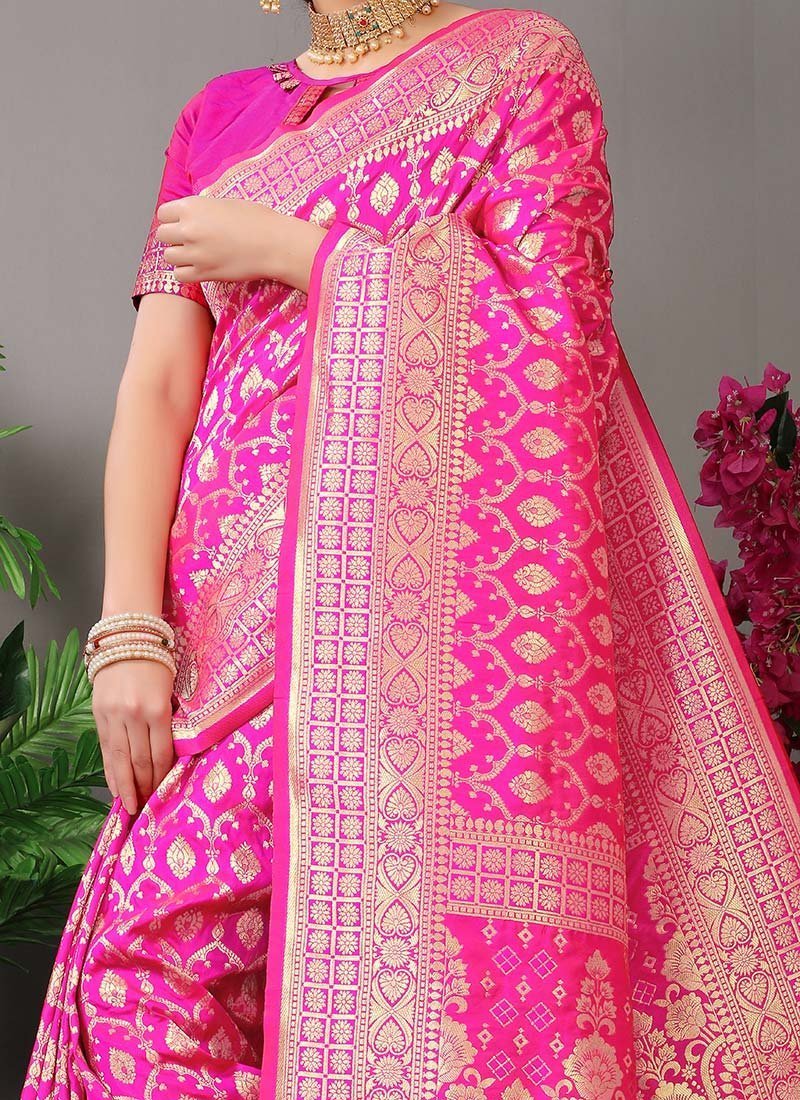 Soft Silk Dark Pink Color Zari Work Saree Festive Wear - Image 3