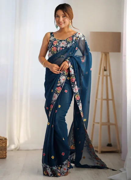 Teal Georgette Embroidered Sequins Saree After Six Wear