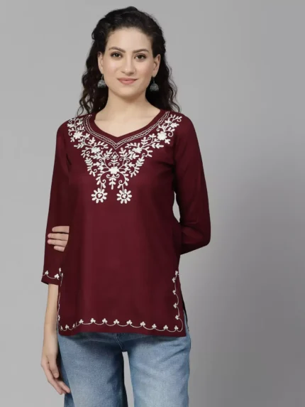 Wine Colored Resham Work Short Kurti