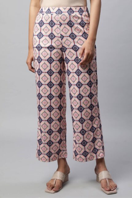 Pink Geometric Printed Straight Fit Palazzo With Elasticated Waist