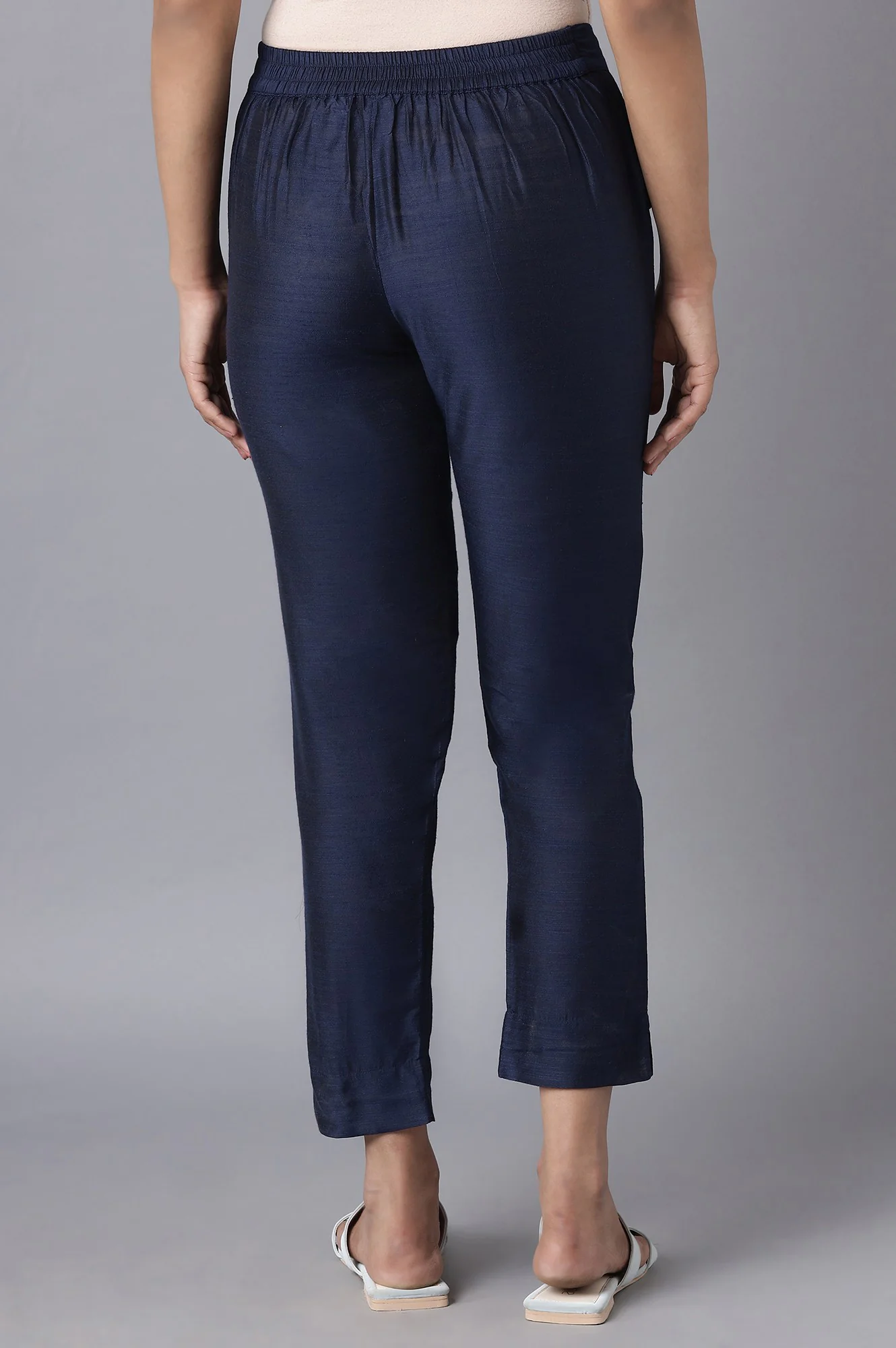 Solid Straight Fit Woven Trousers With Elasticated Waistband - Image 2