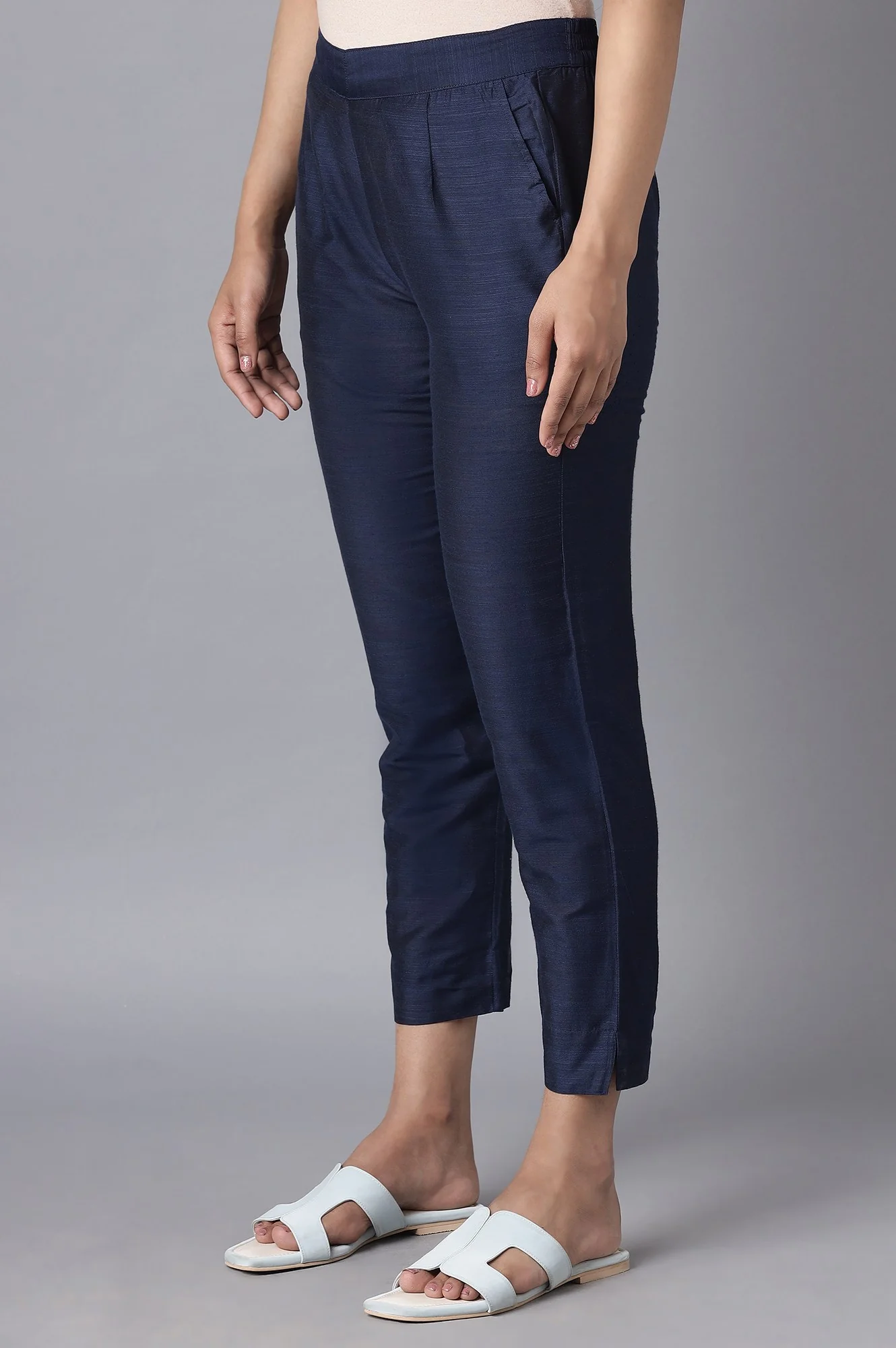 Solid Straight Fit Woven Trousers With Elasticated Waistband - Image 3