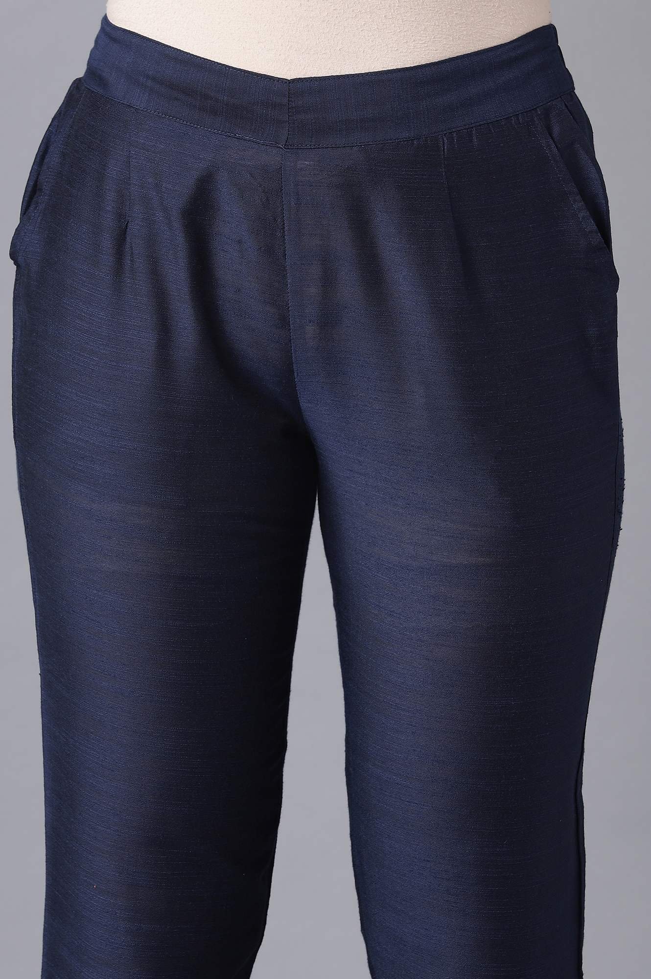 Solid Straight Fit Woven Trousers With Elasticated Waistband - Image 6