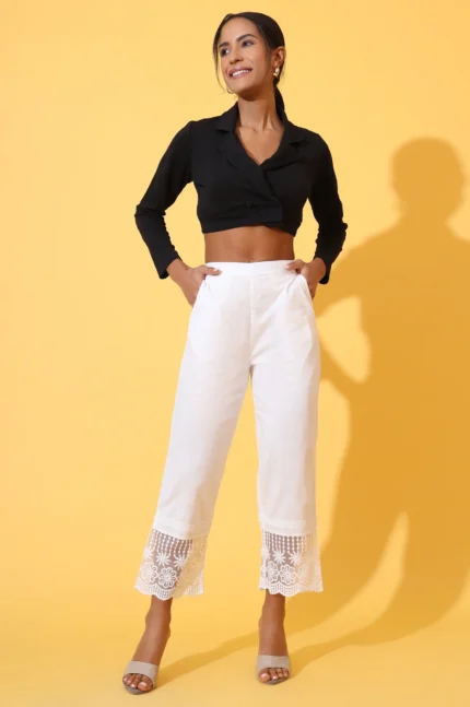 Solid Pure Cotton Schiffli Embroidered Palazzo Pants