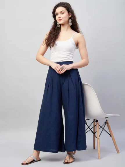 Navy Blue Smart Casual Handloom Palazzo