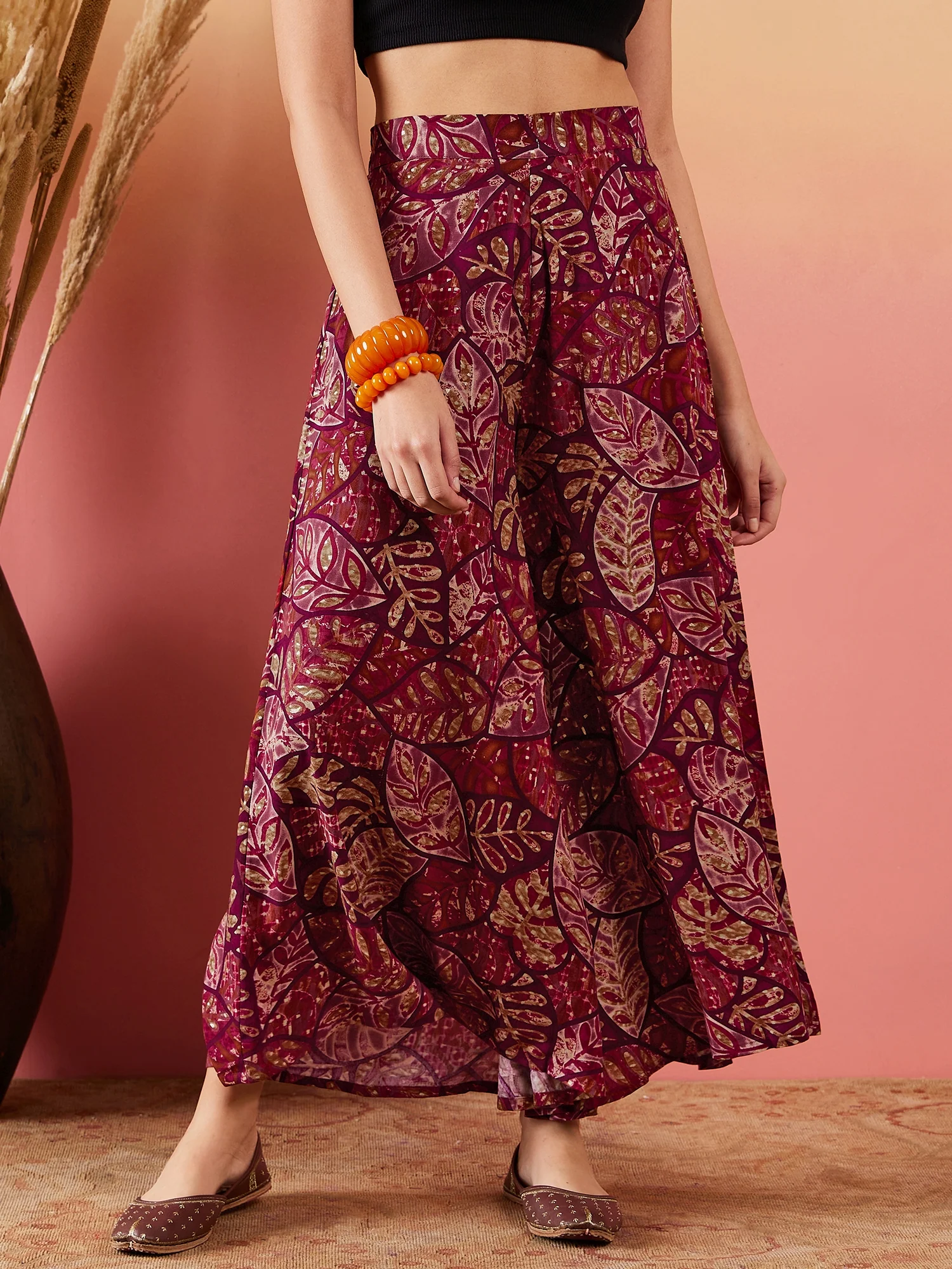 Wine Maroon Printed Leaf Print Foil Palazzo - Image 2