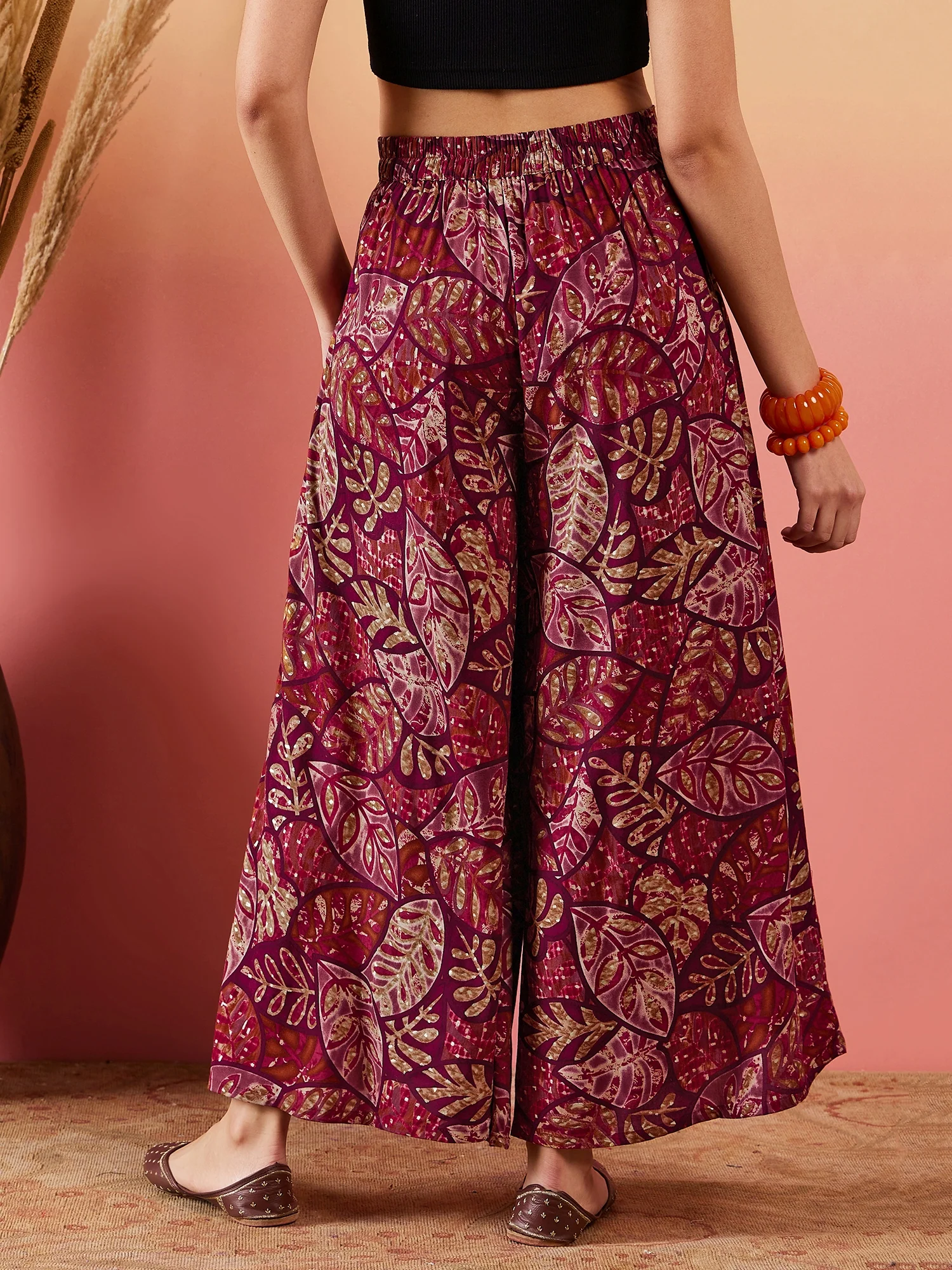 Wine Maroon Printed Leaf Print Foil Palazzo - Image 4