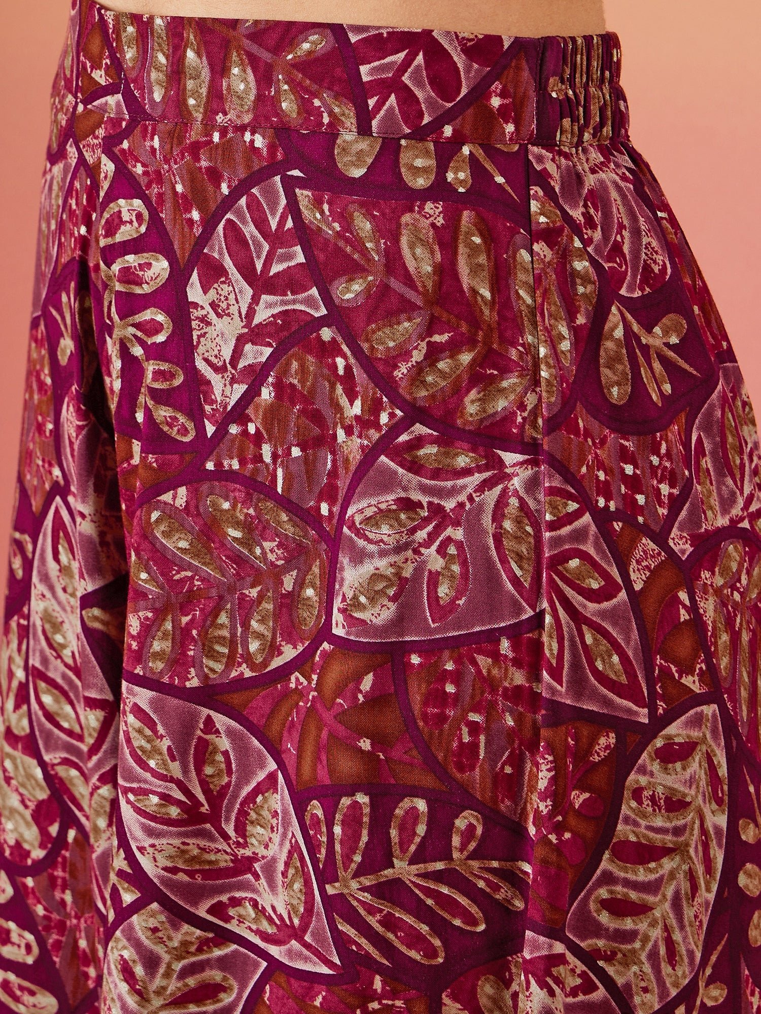 Wine Maroon Printed Leaf Print Foil Palazzo - Image 5