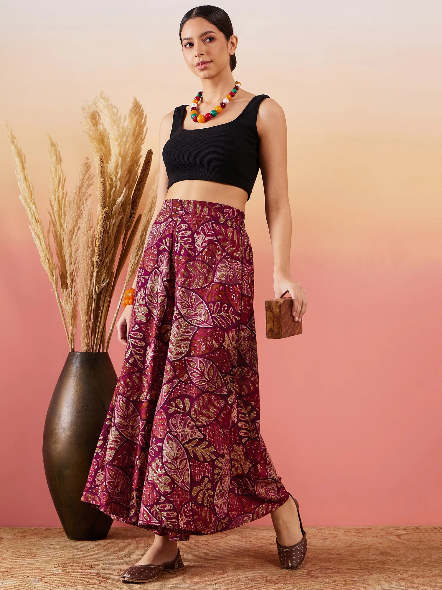 Wine Maroon Printed Leaf Print Foil Palazzo - Image 6