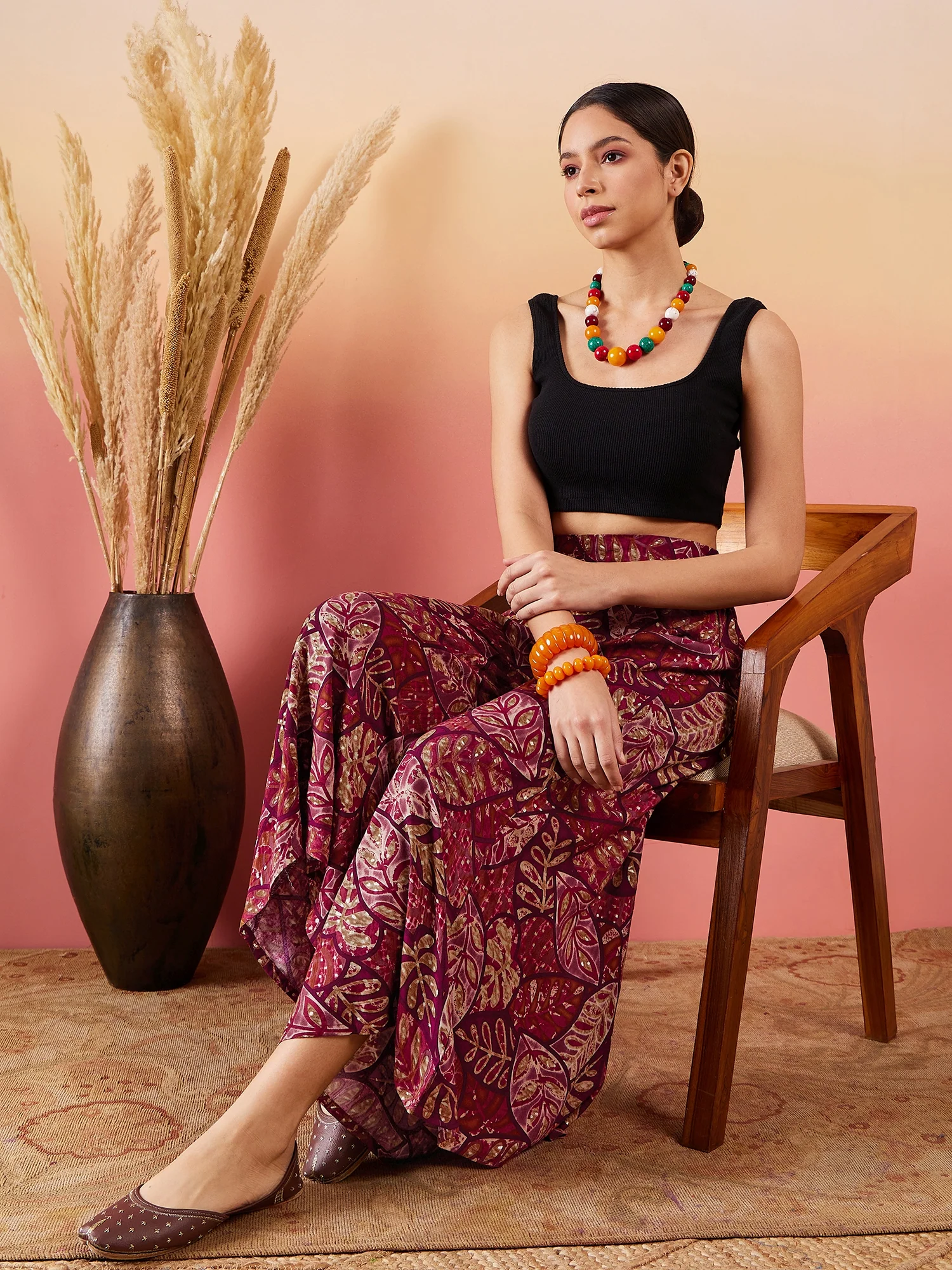 Wine Maroon Printed Leaf Print Foil Palazzo - Image 7