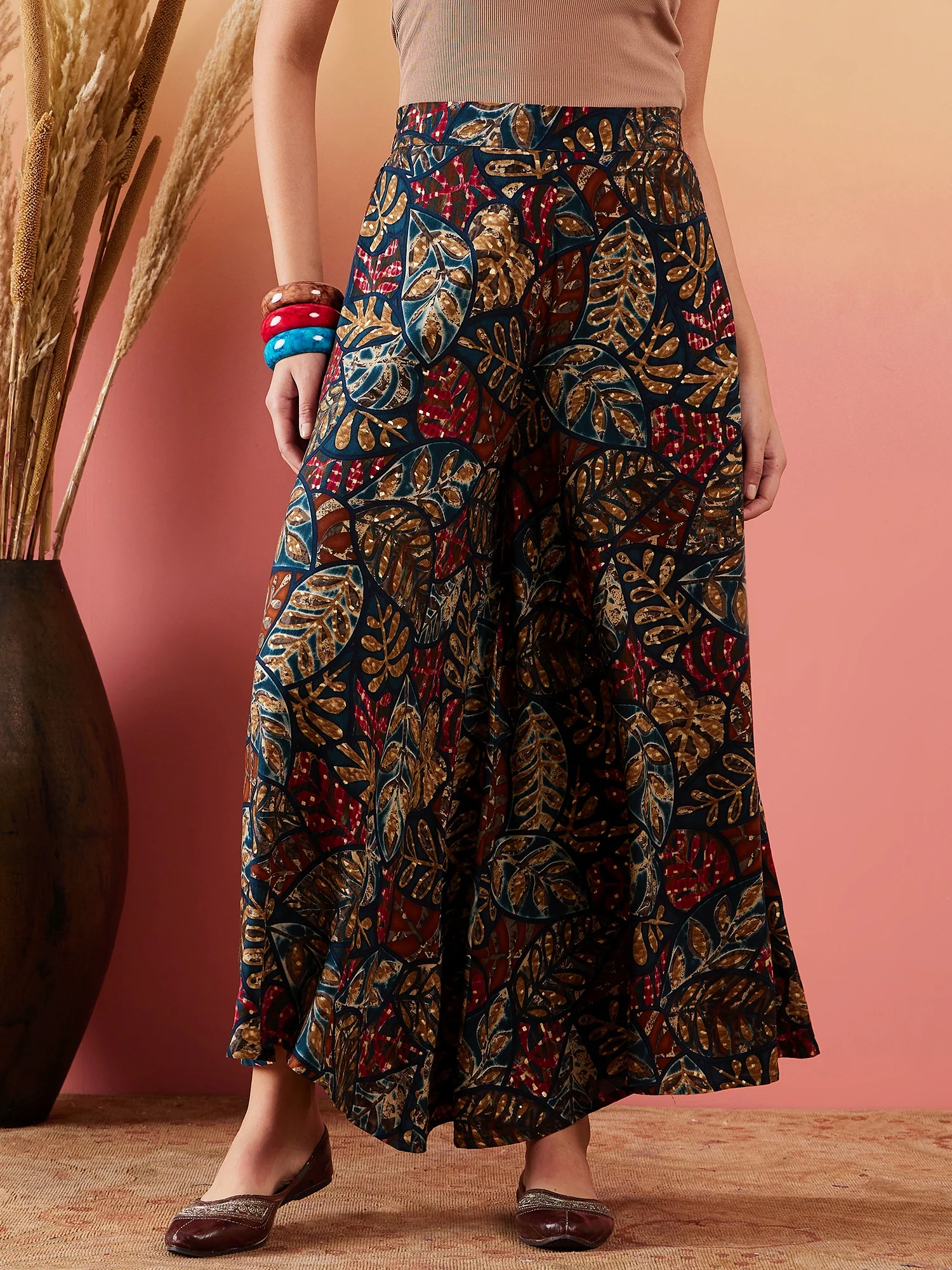 Teal Maroon Printed Leaf Print Foil Palazzo - Image 2