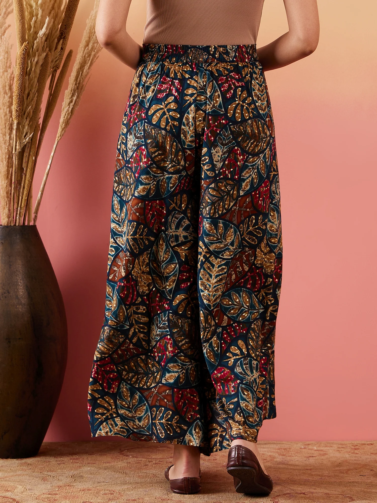 Teal Maroon Printed Leaf Print Foil Palazzo - Image 4