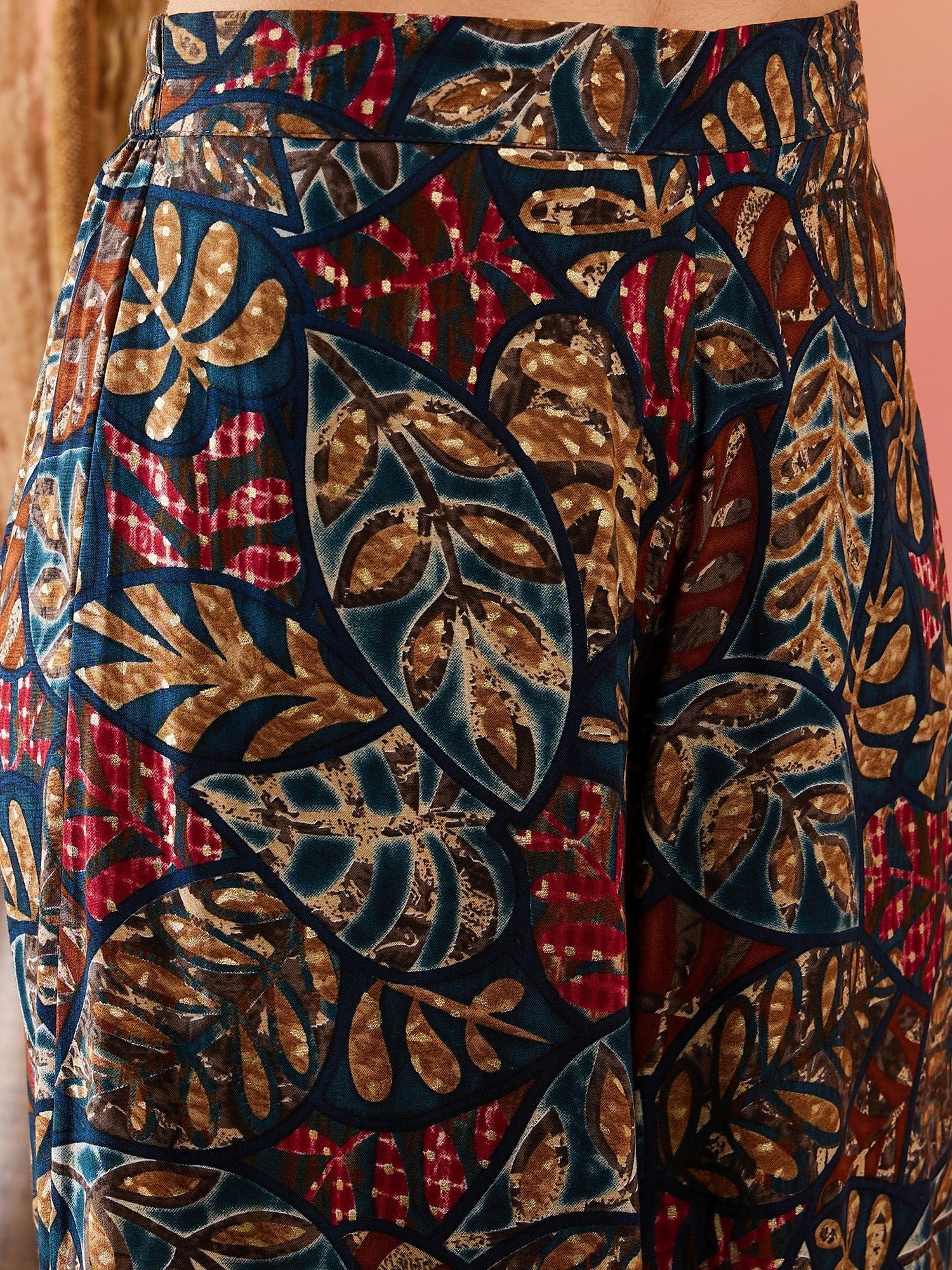 Teal Maroon Printed Leaf Print Foil Palazzo - Image 5