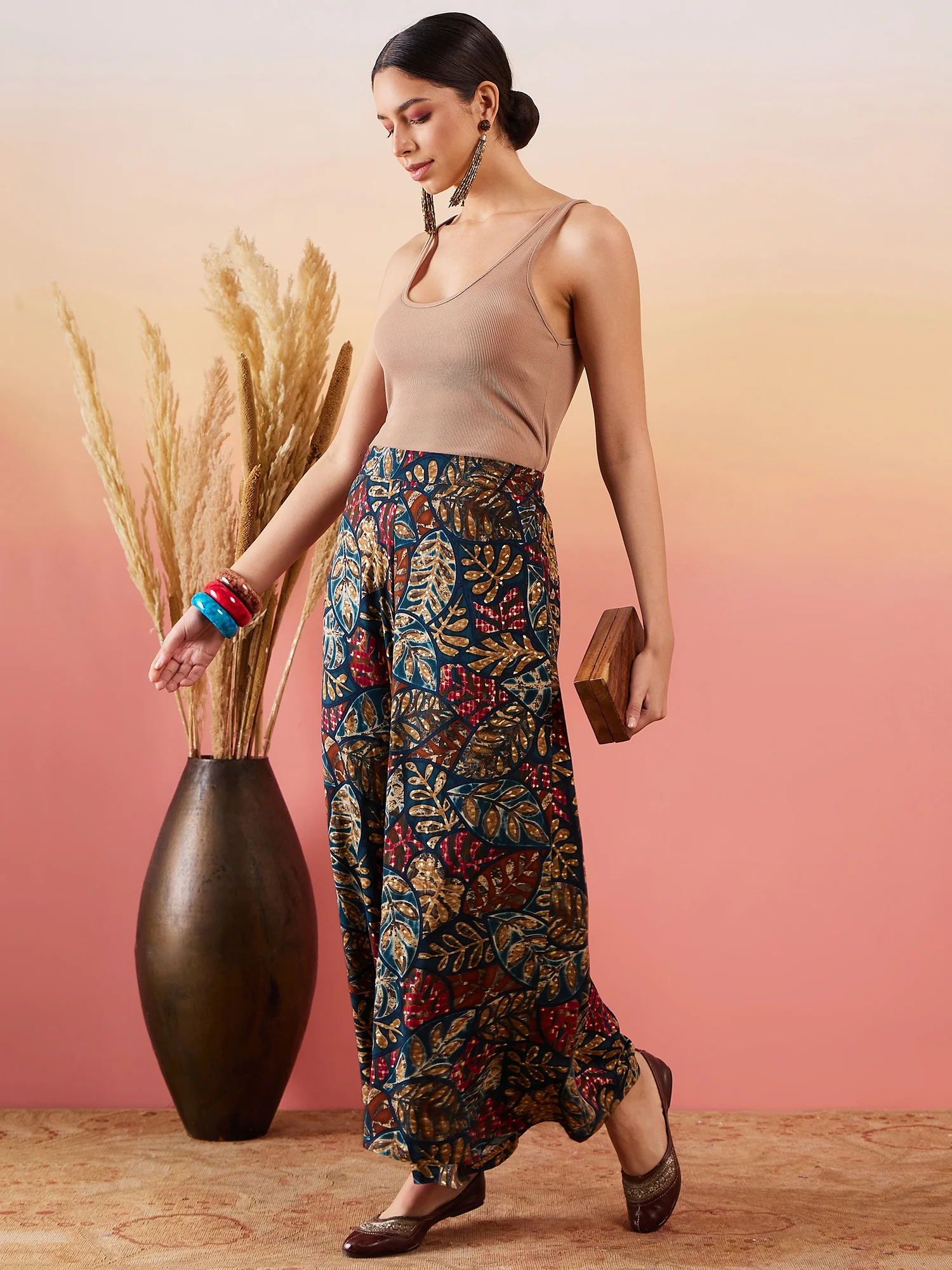 Teal Maroon Printed Leaf Print Foil Palazzo - Image 6