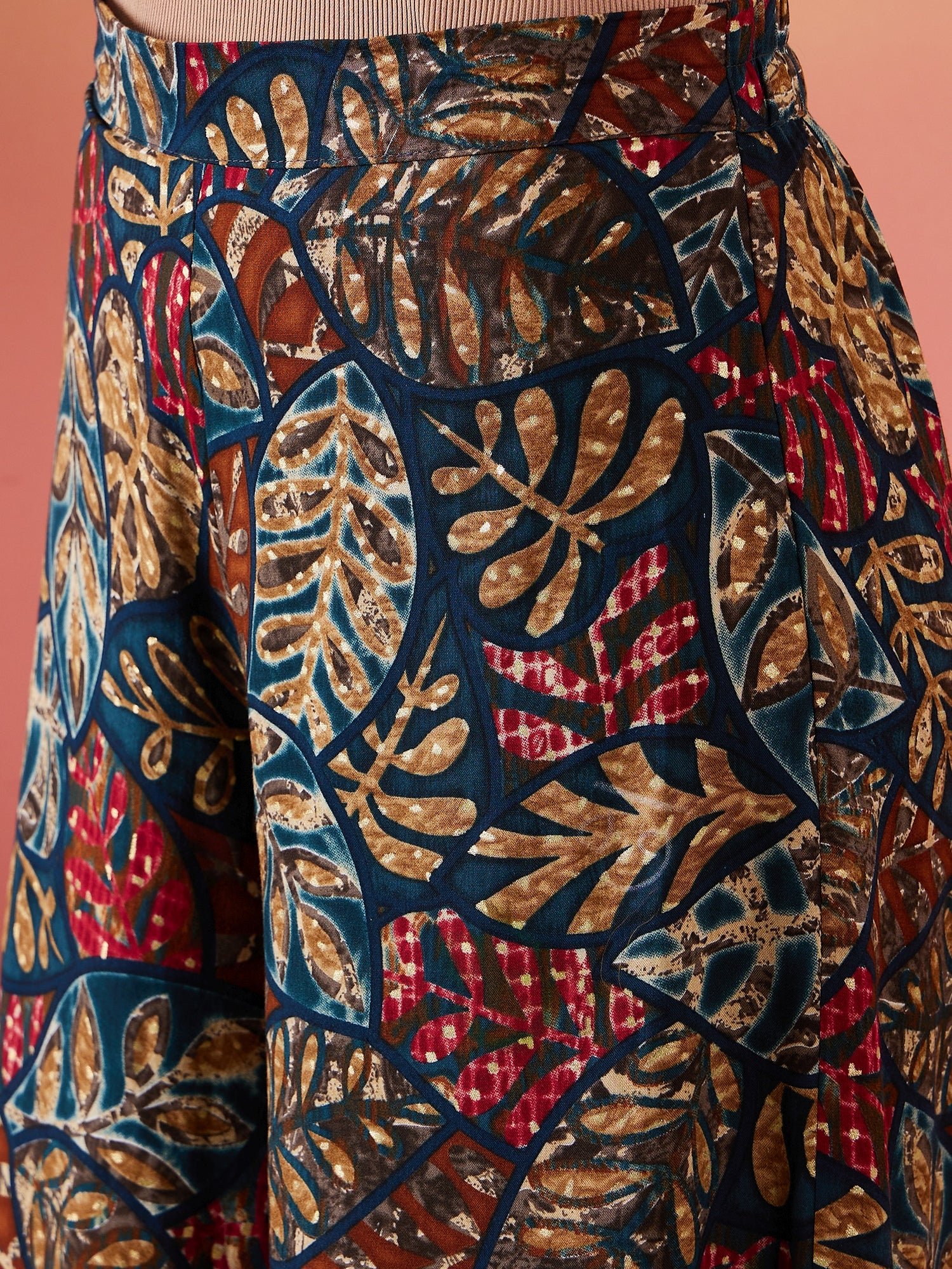 Teal Maroon Printed Leaf Print Foil Palazzo - Image 8