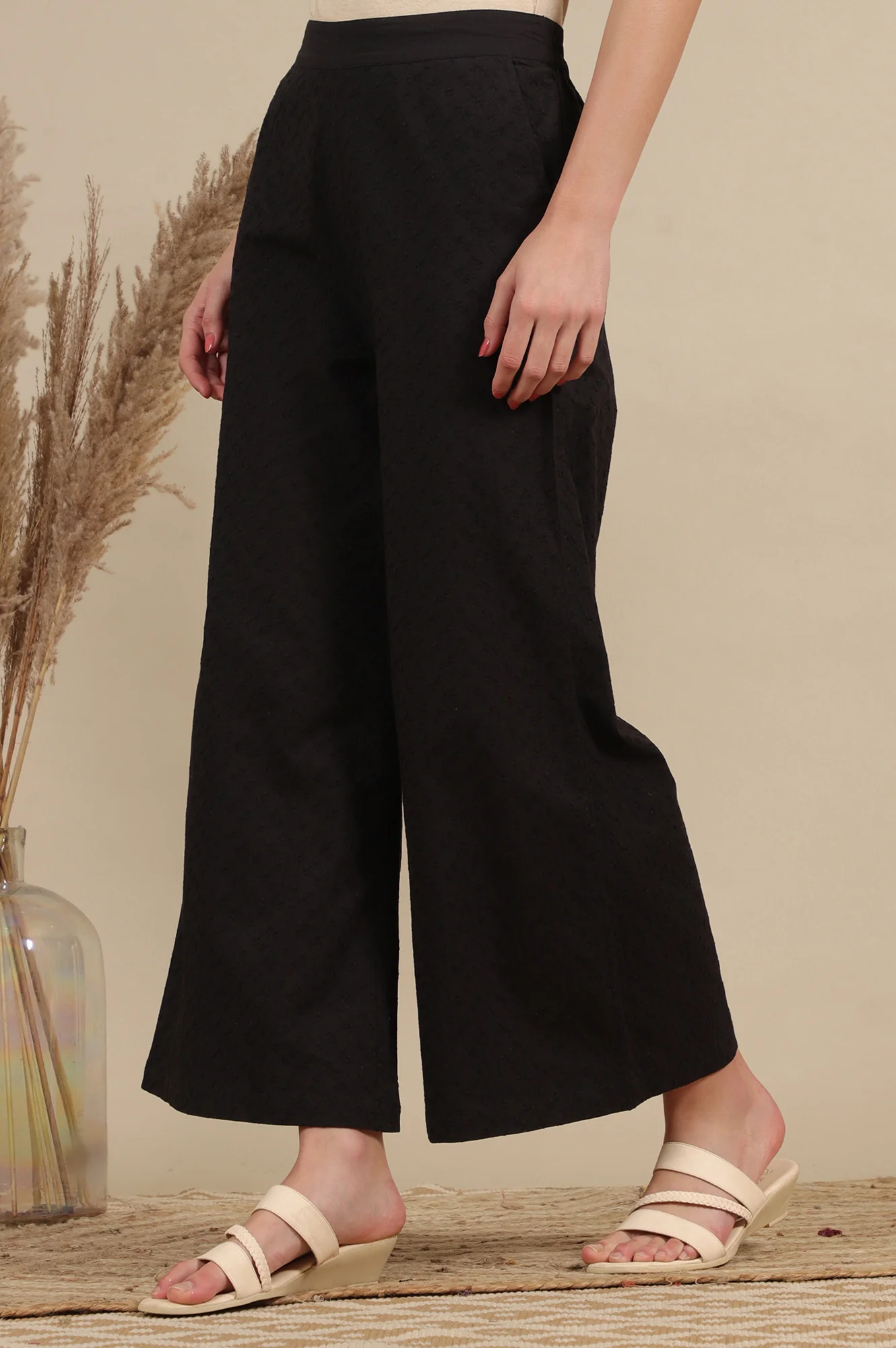 Schiffli Embroidered Pure Cotton Flared Palazzo Pants - Image 2