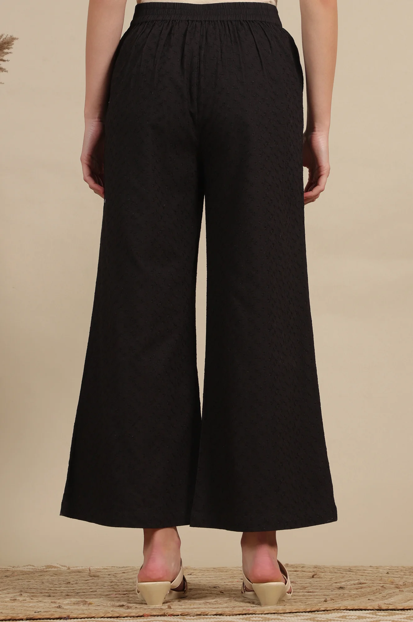 Schiffli Embroidered Pure Cotton Flared Palazzo Pants - Image 3